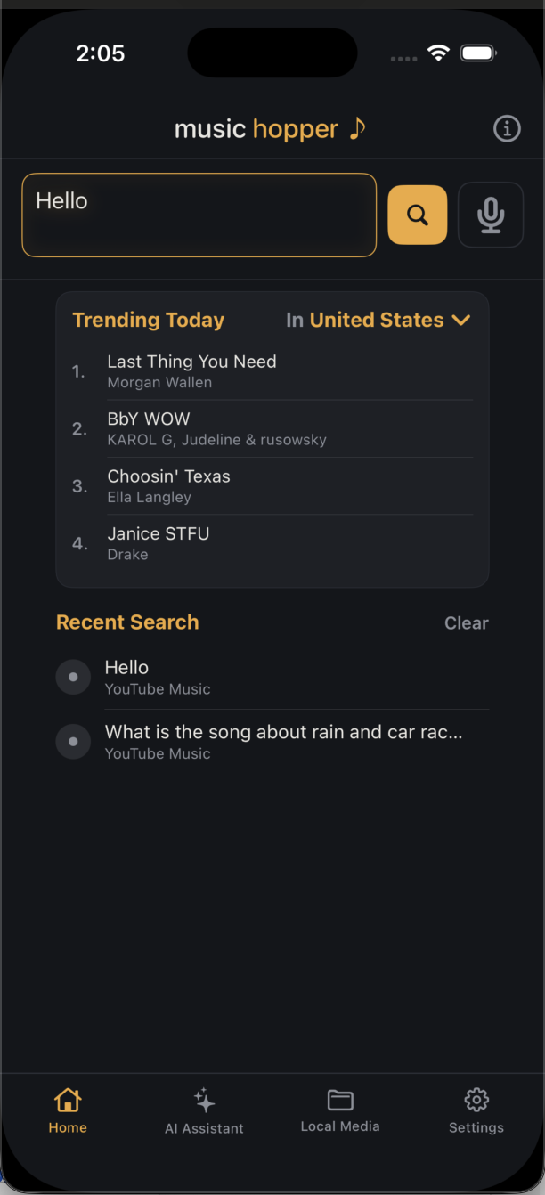 MusicHopper home screen with Trending Today chart and search